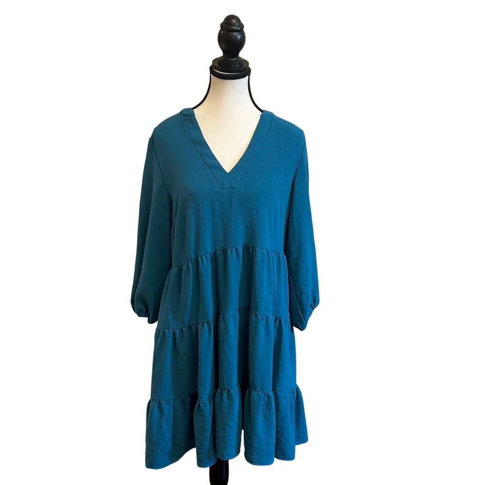 Rachel Zoe Tiered Mini Dress V Neck 3/4 Sleeve Teal Blue Women's‎ Size M